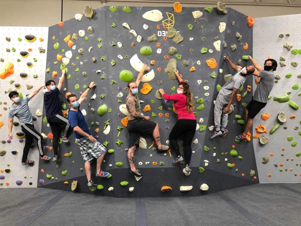 elementiq team bouldering hanging from a wall